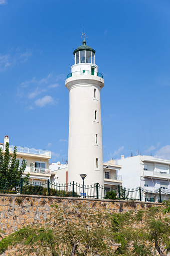 Lighthouse in Alexandropolis, Evros, Greece. Blue sky, sunny day.