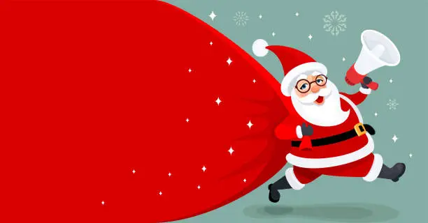 Vector illustration of Santa Claus, wielding a megaphone, carrying a colossal bag of gifts, spreading joy in a gentle snowfall. Wishing you a Merry Christmas and a Happy New Year! Web Banner.