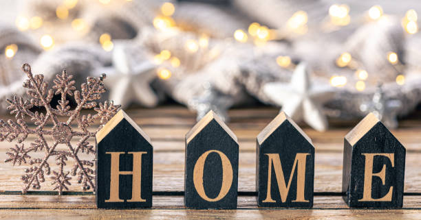 istock Cozy background with decorative word Home on a blurred background with garland. 1830652232
