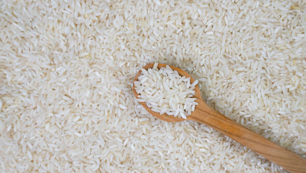 istock White long rice in a wooden spoon. Banner. Top view. Close-up. Selective focus. 1830654056