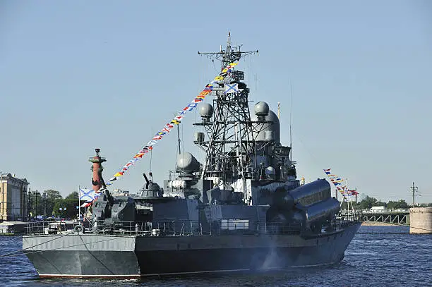 "Zyb' - Nanuchka III class  (Project 1234.1)  Corvette or Small Missile Ship of Russian Baltic Fleet at Navy Day Parade in St.A etersburg, Russia."