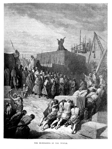 Vintage engraving from the 1870 of a scene from the Old Testament by Gustave Dore showing the Rebuilding the Temple in Jerusalem.