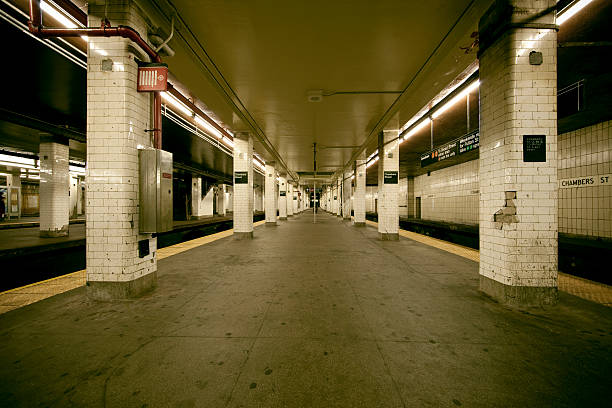 Old Subway Station New York City at Chambers St Old subway station in New York City. subway platform stock pictures, royalty-free photos & images