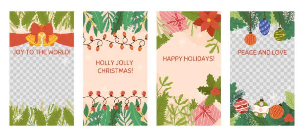 Vector illustration of Social media Christmas stories template with copy space and transparent space for photo. Vertical banner decorated with bell with red bow and ribbon, spruce plants branches, gift boxes, light garland.