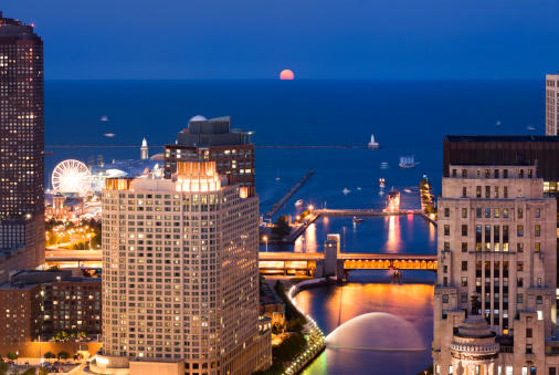 Moonrise over the Chicago Lakefront at Dusk