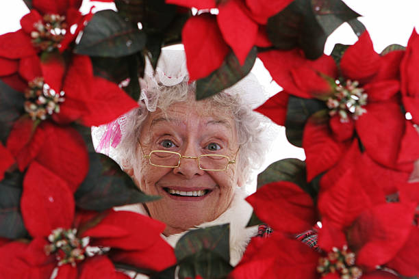 face showing behind a pointsetta wreath