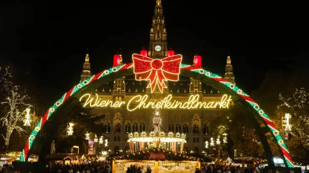Photo of Historic winter Christmas market in front of the Rathaus (City hall) in Vienna, Austria