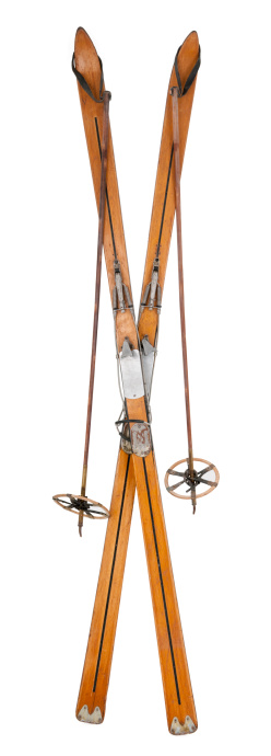 Antique skis & poles isolated on a white background. This is a high resolution composite image.
