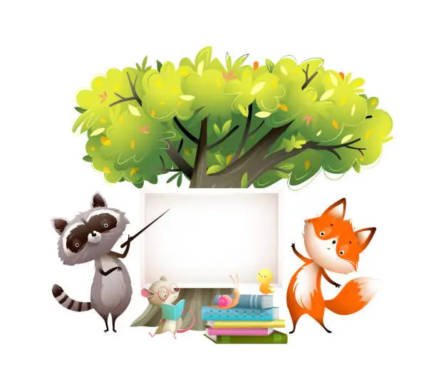 Vector illustration of Forest School under Tree Animals Reading Studying