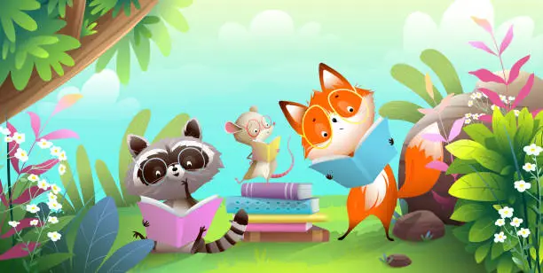 Vector illustration of Cute Animals Reading Books in Forest Landscape