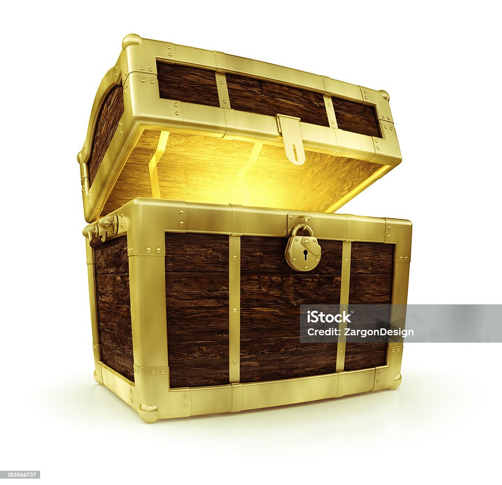 Treasure Chest Three quarter view of a open treasure chest with a golden glow emanating from inside.Could symbolize a prize of great value.This is a detailed 3d rendering. Treasure Chest Stock Photo