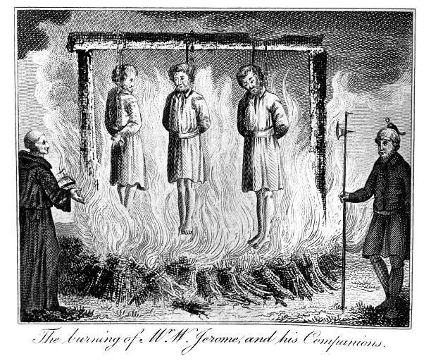Buring of Mr W Jerome and his Companions Vintage engraving from 1807 showing the Buring of Mr W Jerome and his Companions. martyr stock illustrations