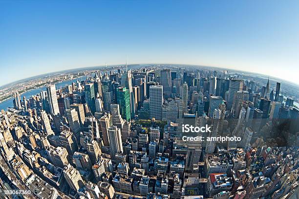 Fisheye Aerial View On Downtown Manhattan Stock Photo - Download Image Now - Above, Aerial View, Architecture