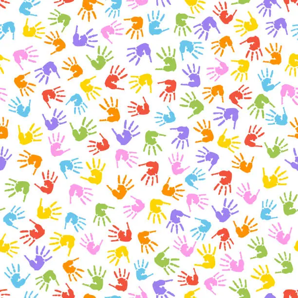 Vector illustration of Colored hands on white. Endless colorful background made of handprints
