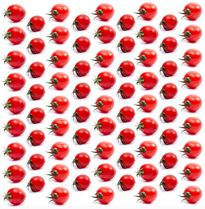 Seamless pattern red ripe tomatoes. Tomato isolated on white background. Organic flat lay tomatoes