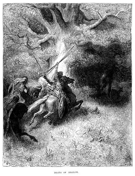 Death of Absalom "Vintage engraving from the 1870 of a sdcene from the Old Testament by Gustave Dore showing the Death of Absalom. He was the third son of David, King of Israel with Maachah, daughter of Talmai, King of Geshur. Absalom eventually rebelled against his father and was killed during the Battle of Ephraim Wood." spiritual warfare stock illustrations