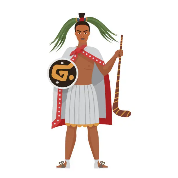 Vector illustration of Aztec warrior, man in headdress holding shield and wooden weapon