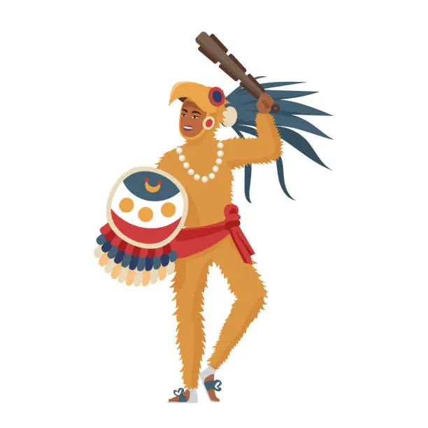 Vector illustration of Aztec warrior, man with tribal feathers on head, ritual shield and wooden weapon