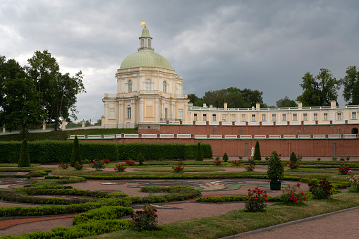 View of the side East Pavilion (Japanese Pavilion) of the Great (Menshikov) Palace in the Oranienbaum Palace and Park Ensemble on a sunny summer day, Lomonosov, Saint Petersburg, Russia