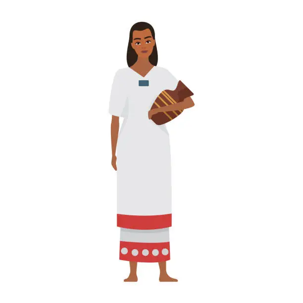 Vector illustration of Aztec woman in traditional ethnic dress standing, holding clay jug