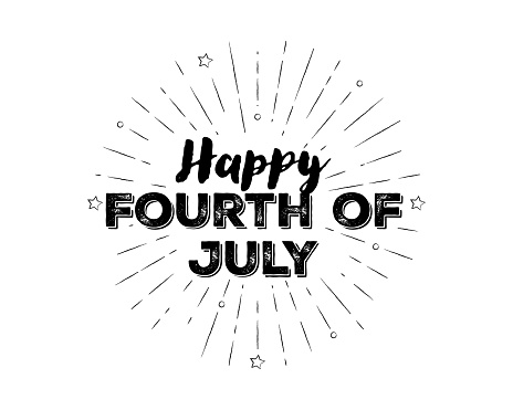 Hand-lettered Happy Fourth of July text with sketchy firework burst for social media, web page, poster, flyer, banner, and greeting card. Vector hand-drawn cartoon illustration on a white background.