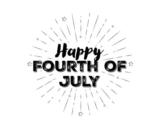 Vector illustration of Hand-lettered Happy Fourth of July text with sketchy firework burst