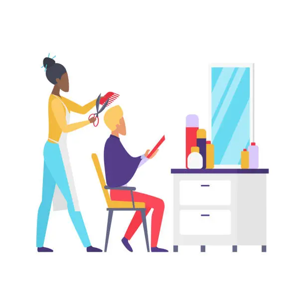 Vector illustration of Hairdresser barber holding scissors and comb to cut hair for male client in barbershop