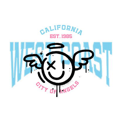 California West coast vintage college typography for city of angels. Collage with urban graffiti Angel emoji. Vector illustration design for fashion graphics, t shirts, prints, posters, gifts