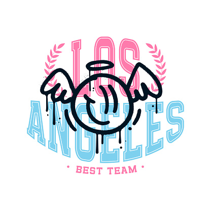 College tee print and angel graffiti style graphic. Los Angeles varsity vector concept