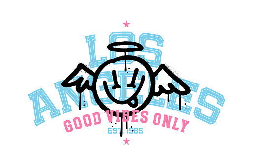 Los Angeles Good vibes only varsity slogan text. College style typography and angel graffiti drawing. Vector illustration design for fashion graphics, t shirt prints
