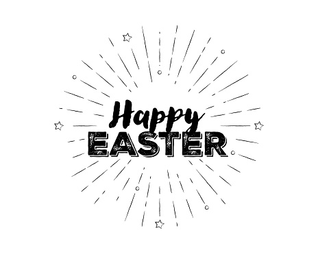 Hand-lettered Happy Easter text with sketchy firework burst for social media, web page, poster, flyer, banner, and greeting card. A typographic design concept suitable for celebrating Easter, which commemorates the resurrection of Jesus in Christianity. Vector hand-drawn cartoon illustration on a white background.