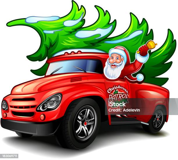 Santa Carries Christmas Tree Stock Illustration - Download Image Now - Pick-up Truck, Truck, Santa Claus
