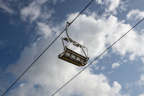 istock empty chairlift in the air held by metal cable 1830699232