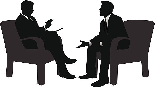 Interview Silhouette of two people sitting down for an interview. Files included – jpg, ai (version 8 and CS3), svg, and eps (version 8) interview event silhouettes stock illustrations