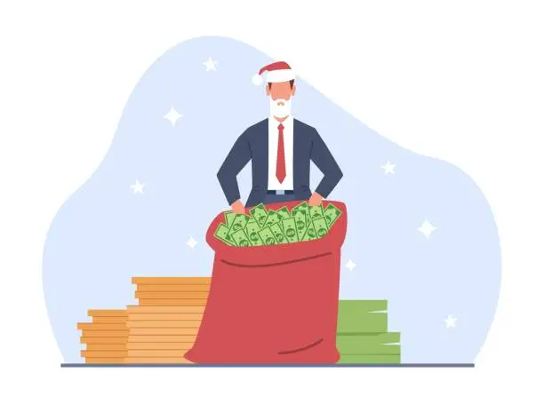 Vector illustration of Businessman in Santa Claus suit with big bag of money. Happy man gives bonus gift to employee. Successful year. Profit and income. Christmas holidays. Cartoon flat vector finance concept