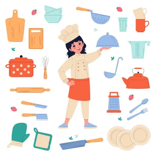 Vector illustration of Cook character with professional accessories. Cute girl in uniform with kitchen elements and tableware, female chef character, saucepan, knives and teapot cartoon flat isolated vector set