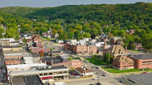 Rightward Ascending Aerial Shot with Leftward Pan on Richland Center, Wisconsin