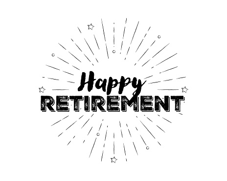 Hand-lettered Happy Retirement text with sketchy firework burst for social media, web page, poster, flyer, banner, and greeting card. A typographic design concept is suitable for congratulating someone on their retirement. Vector hand-drawn cartoon illustration on a white background.