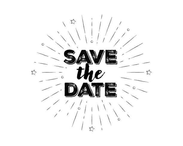 Hand-lettered Save the Date text with sketchy firework burst Hand-lettered Save the Date text with sketchy firework burst for social media, web page, poster, flyer, banner, and greeting card. A typographic design concept is suitable for reminding the date of wedding or engagement invitations. Vector hand-drawn cartoon illustration on a white background. save the date font stock illustrations