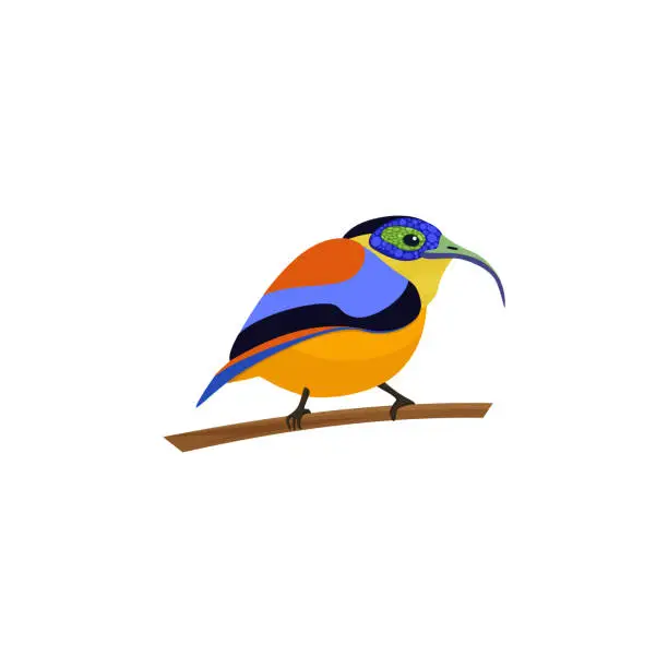 Vector illustration of Slender billed scimitar babbler, passerine bird sitting on tree branch in tropical forest