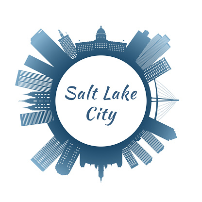 Salt Lake City skyline with colorful buildings. Circular style. Stock vector illustration.