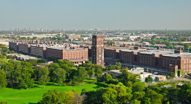 Aerial Shot Pushing in on Central Manufacturing District in McKinley Park, Chicago, Illinois