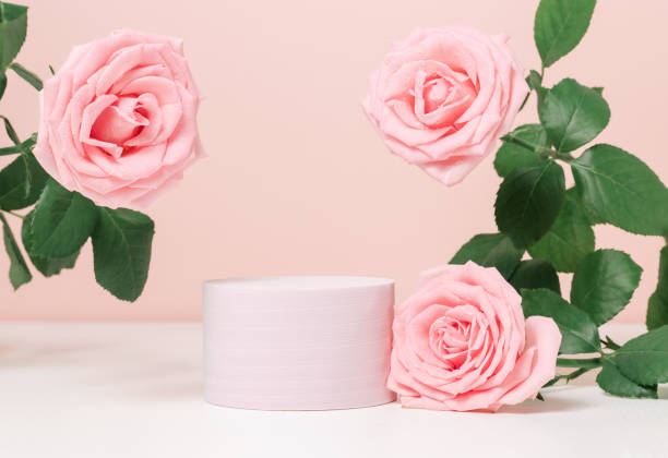 istock Pink showcase with pink roses, product podium 1830726135