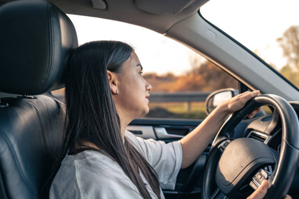 istock Attractive young woman driving a car, view from inside. 1830743864