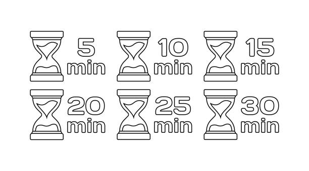 значки таймера «песочные часы». контурные, 5, 10, 15, 20, 25, 30-минутные таймеры песочных часов. векторные иконки - timer minute hand number 20 hourglass stock illustrations