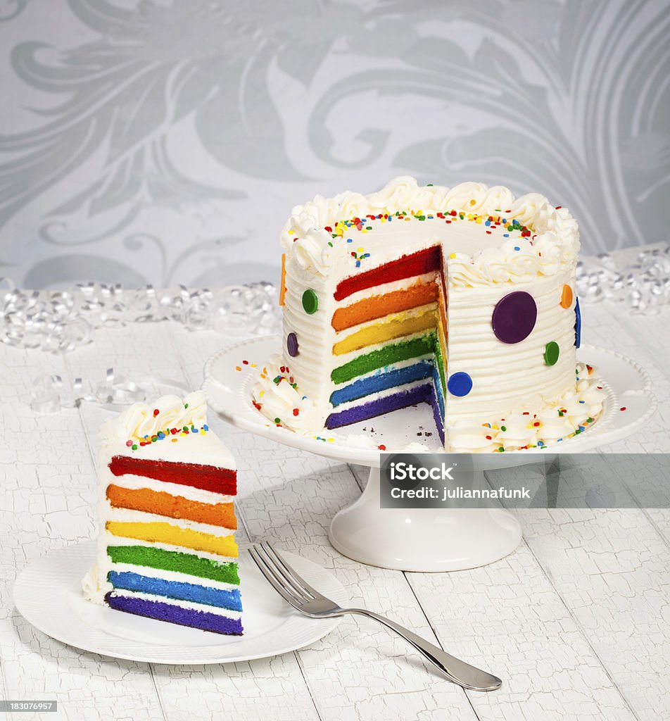 colorful Birthday Cake Colorful rainbow layered birthday cake decorated with polka dots, sprinkles and buttercream icing. Slice of Cake on separate plate. Cake Stock Photo