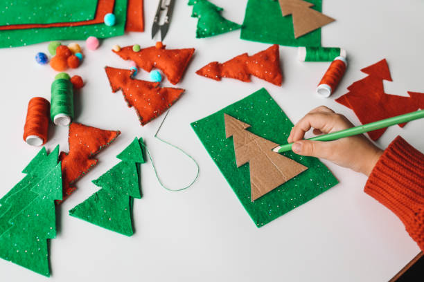 istock Process of hand made soft toys sewing with felt and needle for Christmas tree decoration 1830771991