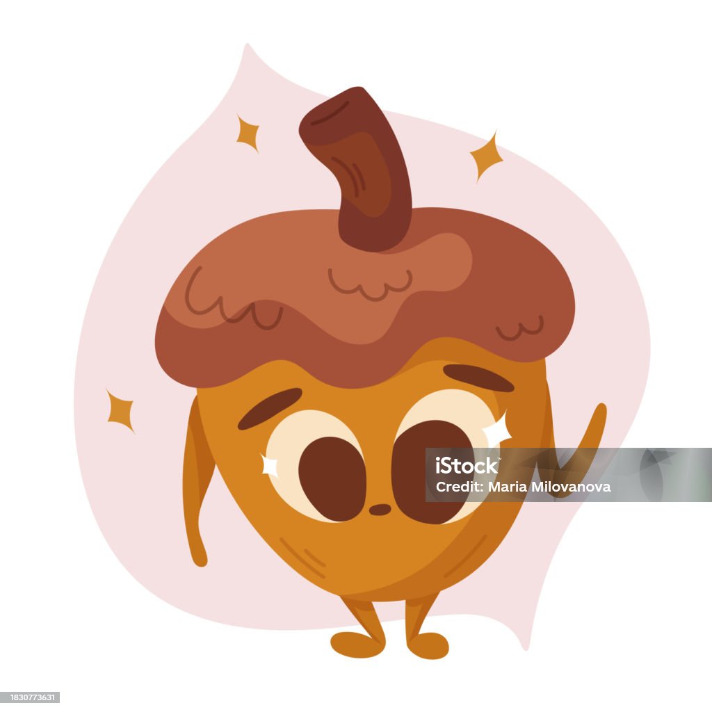 Hand Draw Cute Character Acorn Illustration On White And Pink