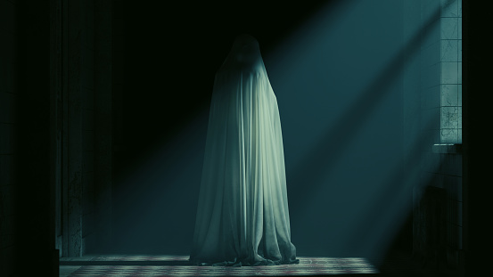 Ghostly figure looking over its shoulder ghost asylum abandoned moonlight mist haunting paranormal woman arms out horror Halloween 3d illustration render digital rendering