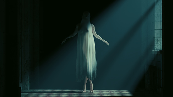 Ghostly figure tall slim ghost asylum abandoned moonlight mist haunting paranormal woman arms out horror Halloween 3d illustration render digital rendering